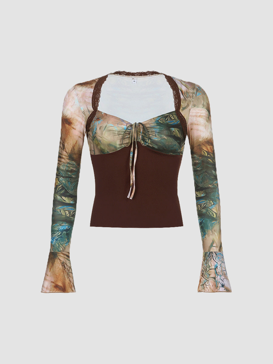 Vintage Printed Lace Trim Long Sleeve Top