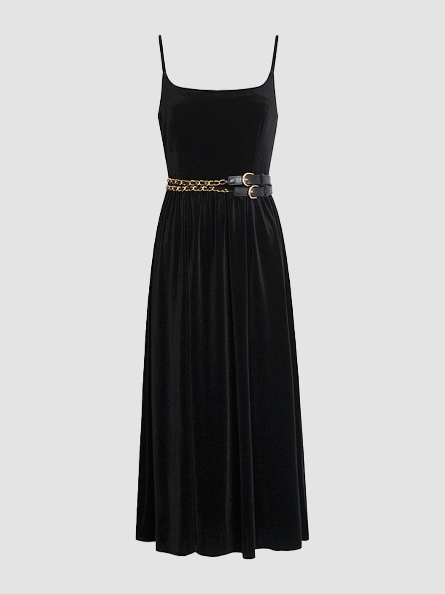 Velvet Pleated Cami Dress with Waist Chain