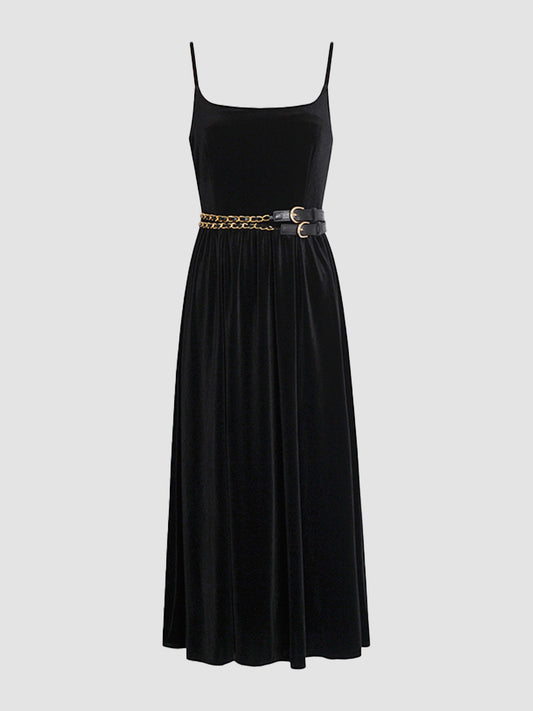 Velvet Pleated Cami Dress with Waist Chain