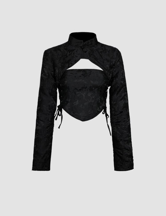 Black Straps Lace Tube Top&Stand Collar Waistcoat Two Piece Set