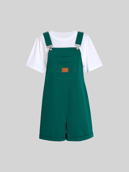 Casual Denim Green Overalls Shorts