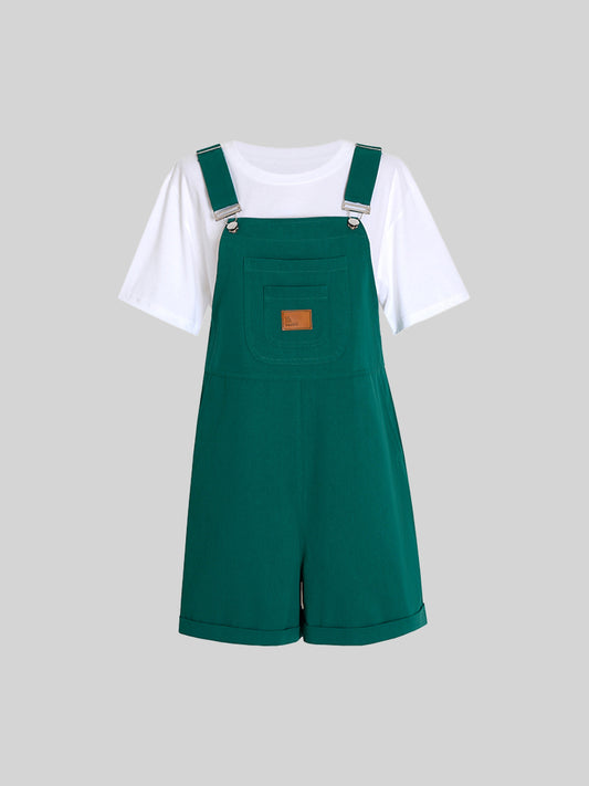 Casual Denim Green Overalls Shorts