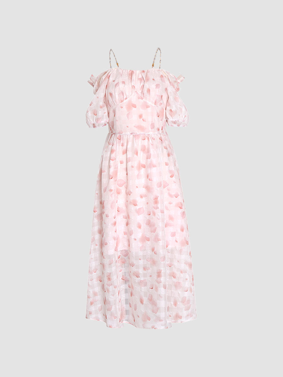 Gentle Pink Floral Chiffon Midi Dress