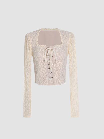Apricot Strappy Lace Long Sleeve Top