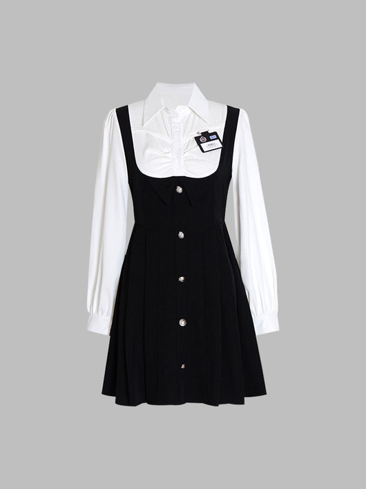 Fake Two Pieces College Style Long-sleeved Pleated Dress