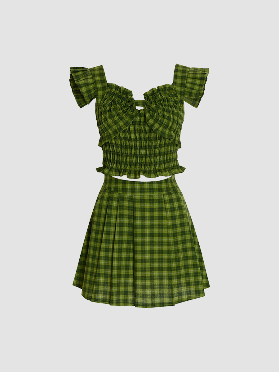 Green Checkered Cute Short Sleeve&Pleated Skirt Set