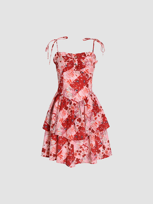 Sexy Double Hem Red Floral Halter Dress