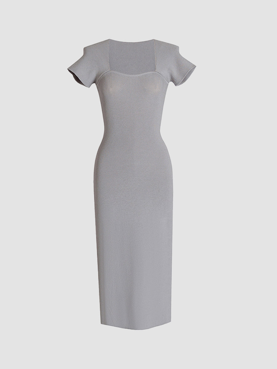 Gray Knitted Slim Midi/Short Dress