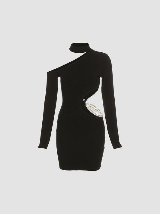 Sexy Black Irregular Hollow Pearl Chain Dress