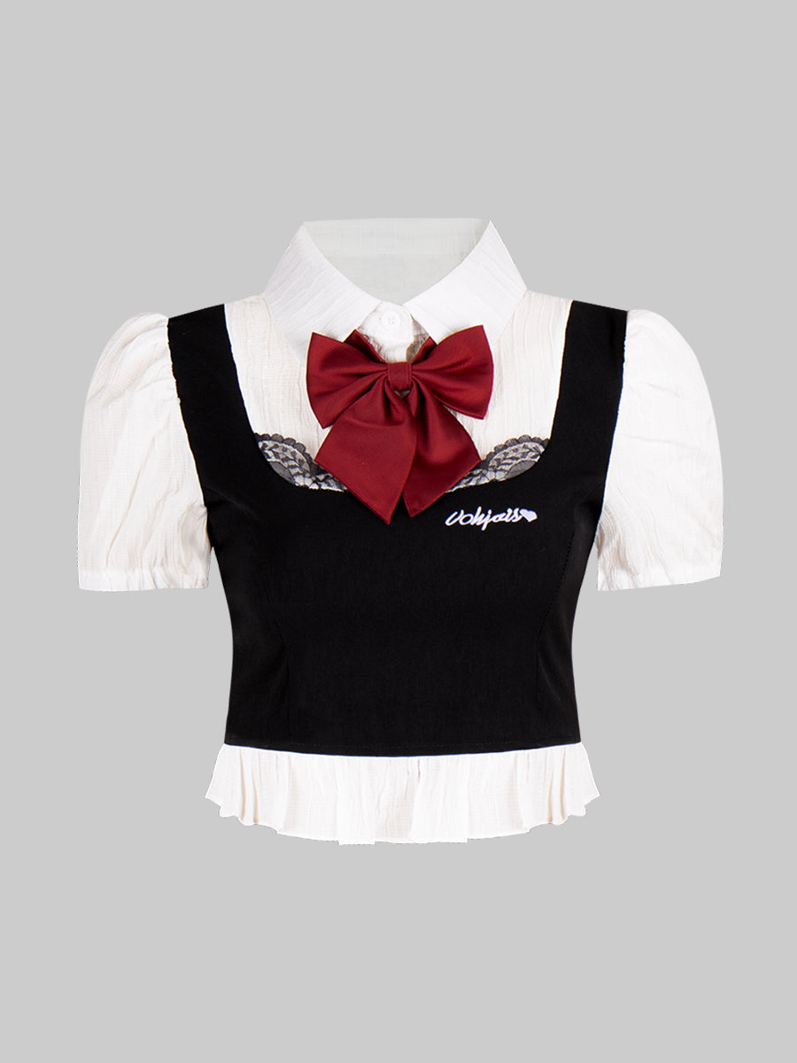 Black and White Top With Tie + Irregular Pleated Skirt Set