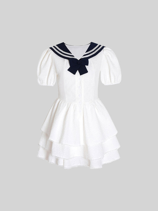 Navy Collar Bubble Sleeve White Cake Dress
