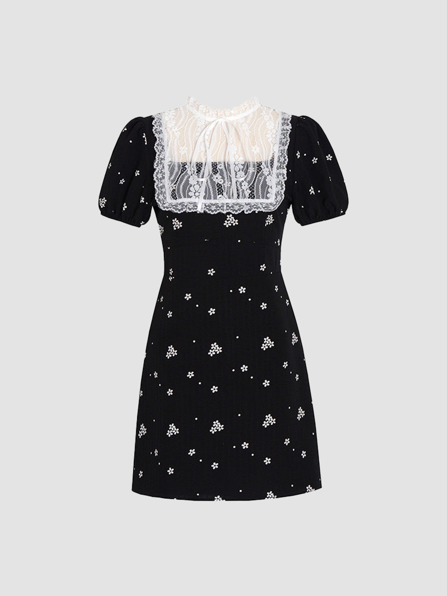 Elegant Lace Patchwork Print Dress Black Dress