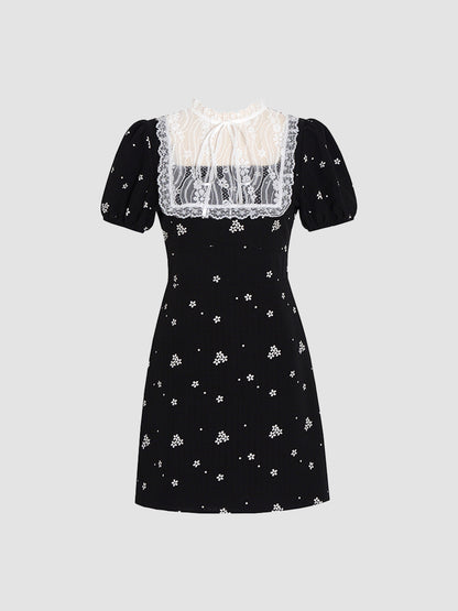 Elegant Lace Patchwork Print Dress Black Dress