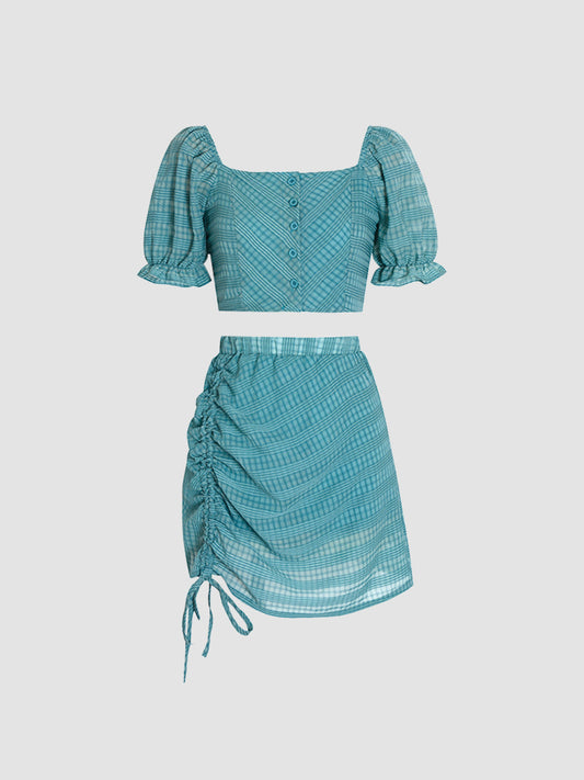 Green Chiffon Bubble Sleeve Top&Drawstring Skirt Set