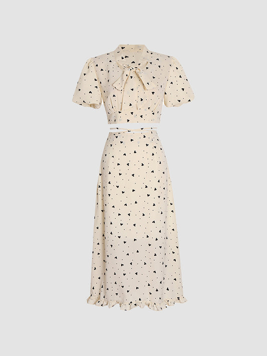 Retro High Waisted Bow Top+love Print Midi Skirt Set