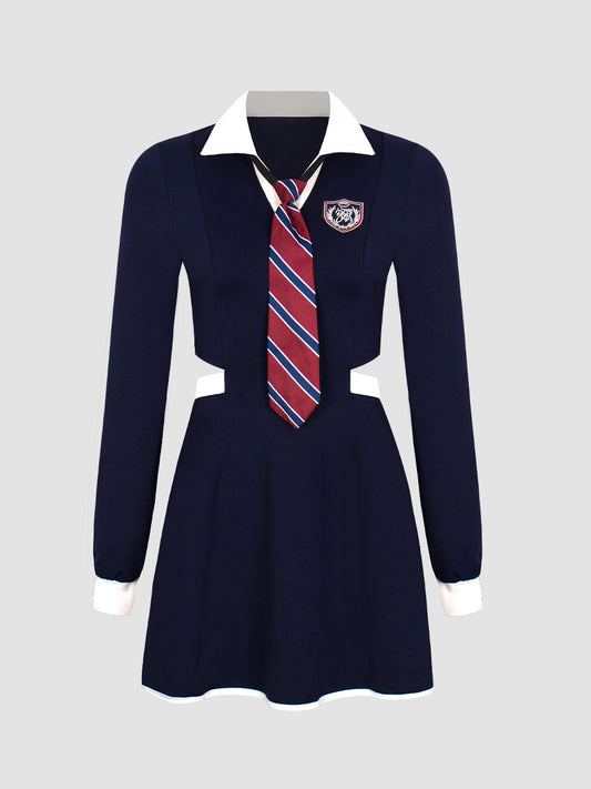 Hollow Badge Dress with Tie