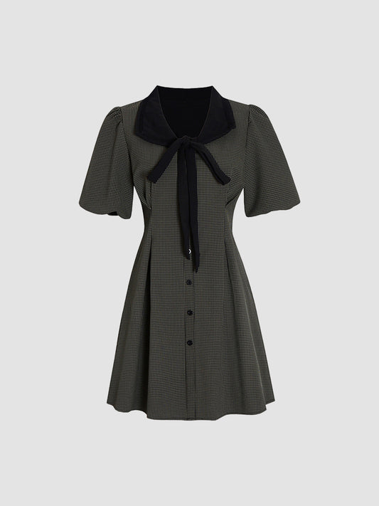 Gray Houndstooth V-neck Bow Tie Dress