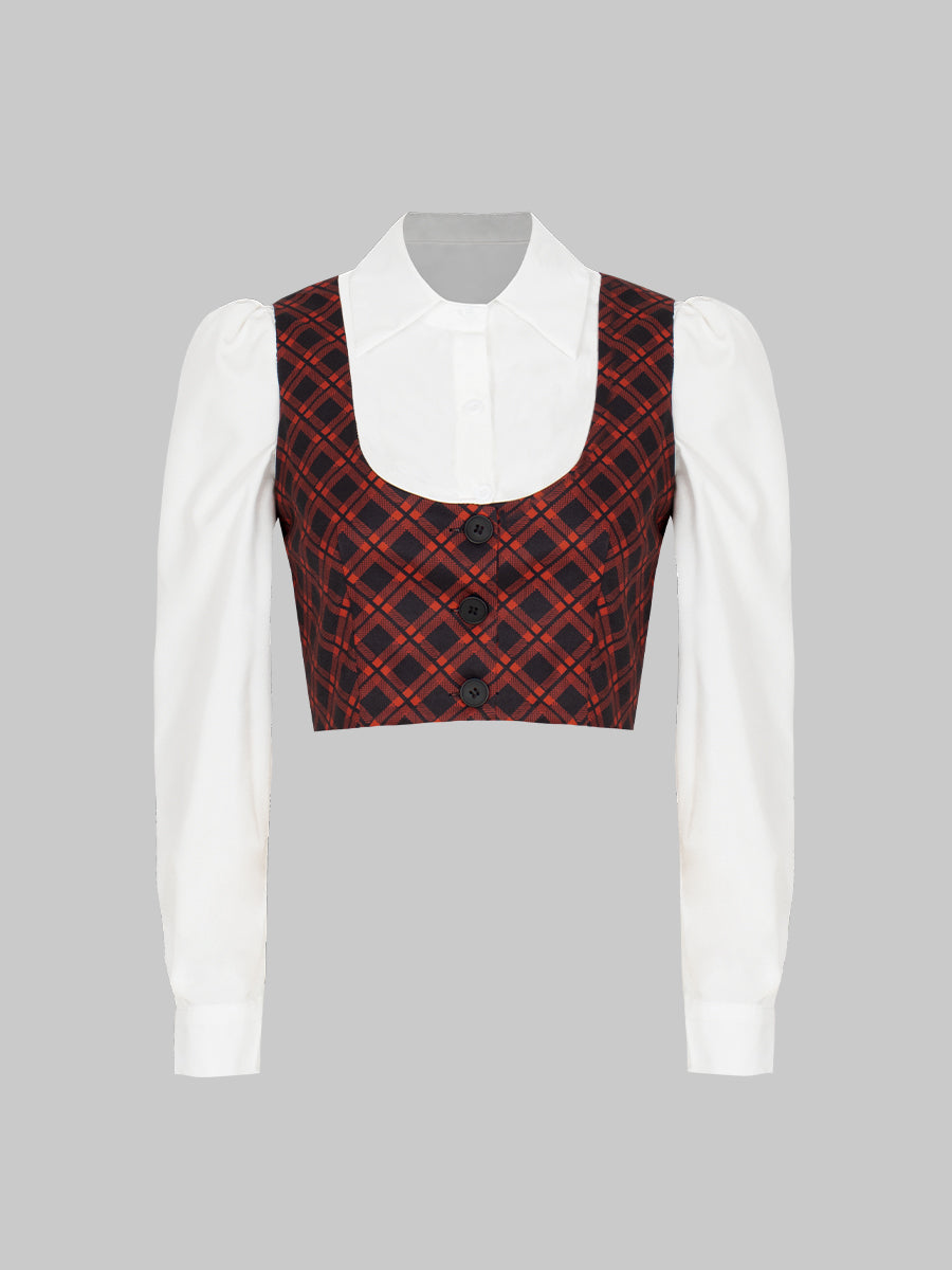 White Shirt + Plaid Vest + Skirt Three Piece Set