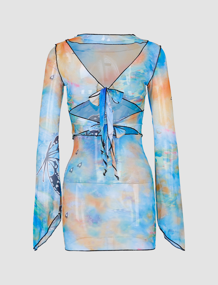 Colorful Butterfly Ruffled Top&Skirt Set