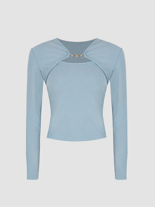 Solid Color Knit Blouse & Camisole Two-piece Set