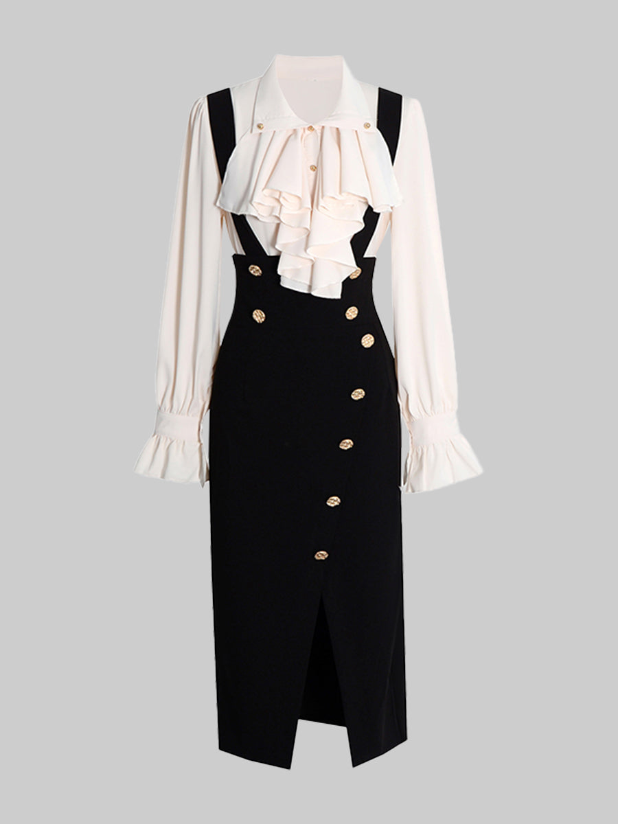 Ruffle Long Sleeve Top & Irregular Camisole Dress Set