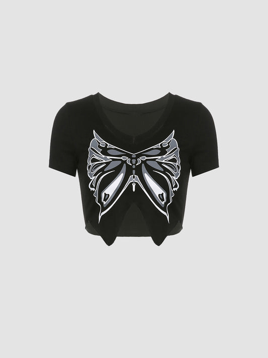 Black Butterfly Irregular Crop Top