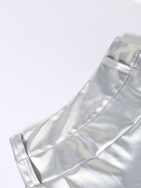 Silver PU Leather Pleated Skirt