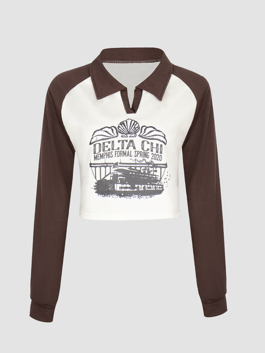 Polo Collar Printed Sweatshirt Top