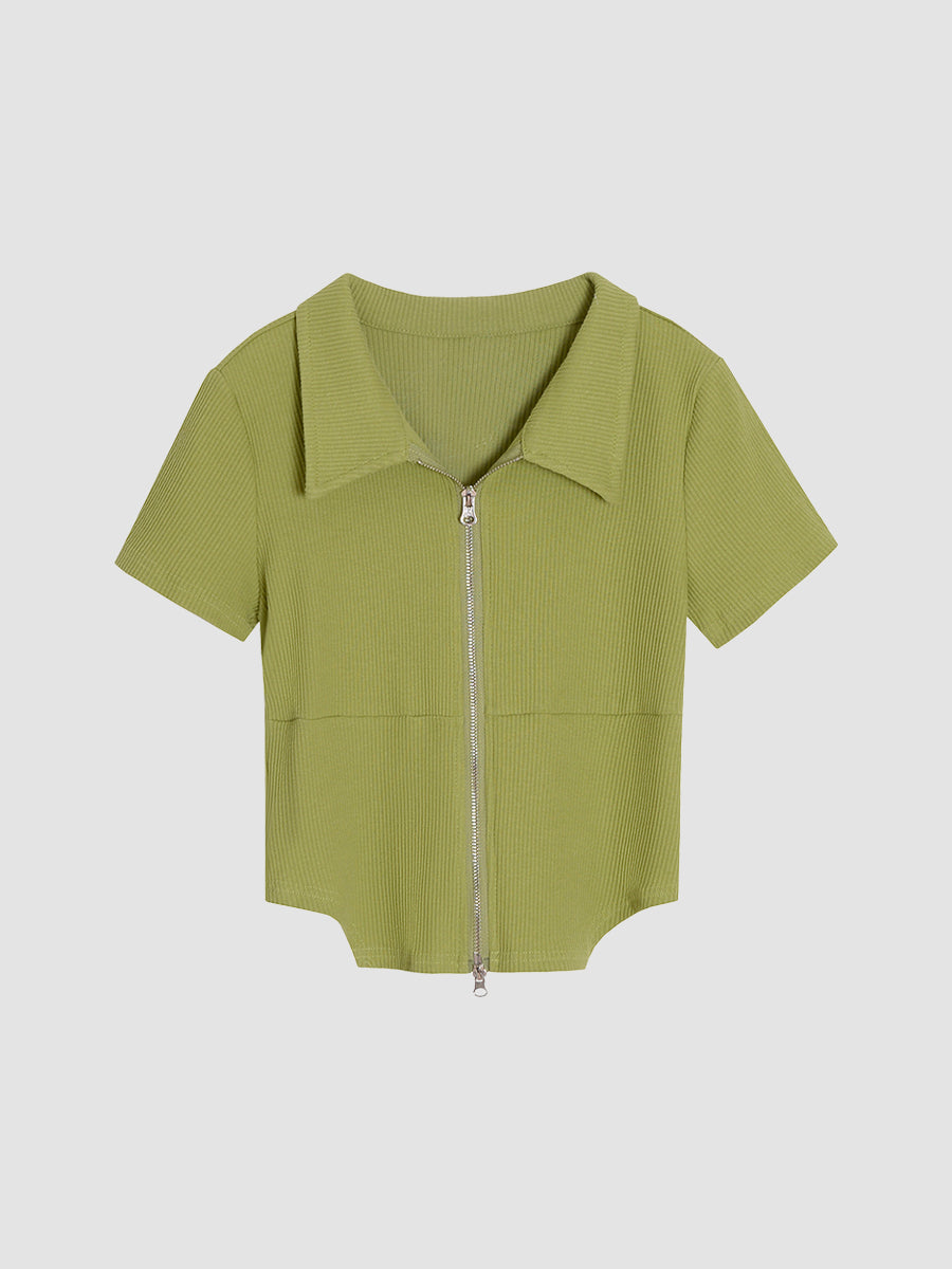 Kpop Short Sleeve Double Zipper Solid Color Top