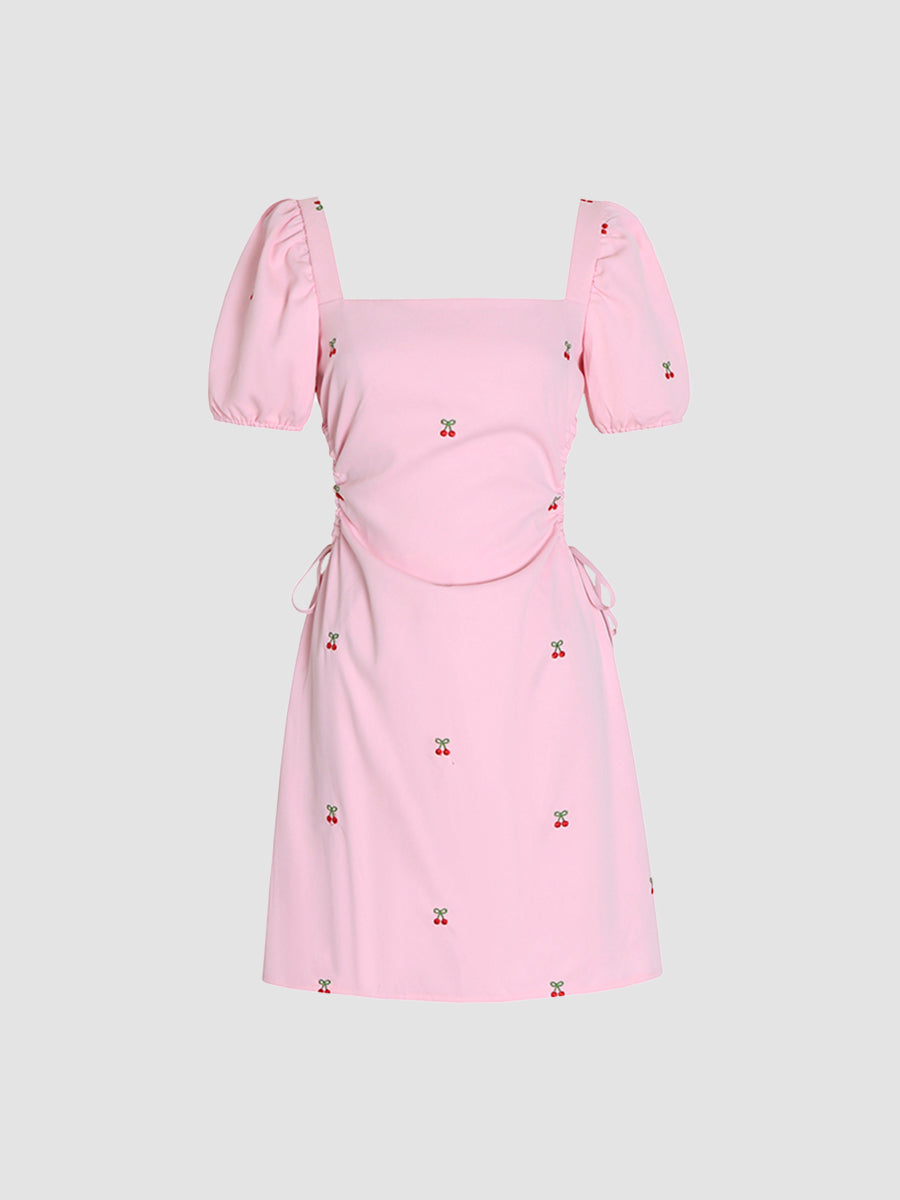 Pink Square Neck Bubble Sleeve Strappy Dress