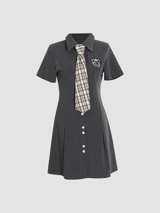 College Jk Shirt Embroidered Badge Gray Dress+Bow Tie