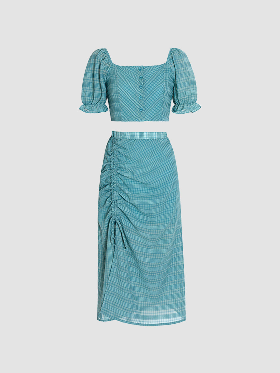 Green Chiffon Bubble Sleeve Top&Drawstring Midi Skirt Set