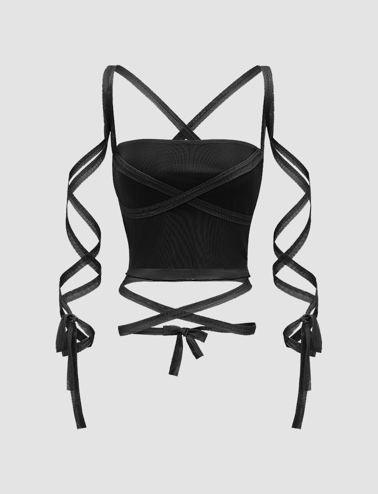 Lace-up Sleeve Mesh Cami Top