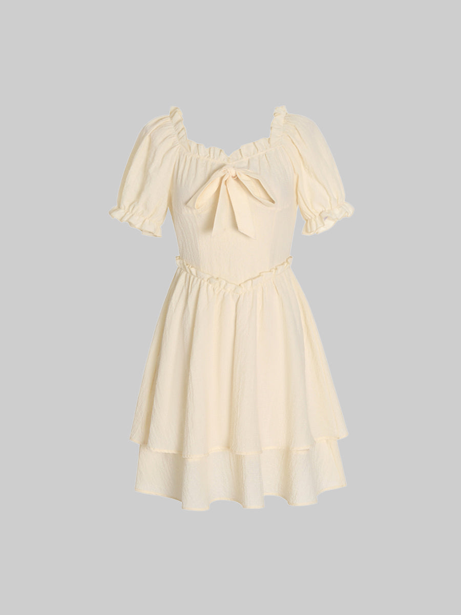 Apricot Lace Bow Bubble Sleeve Dress