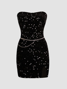 Black Sequin Party Dress with Chain