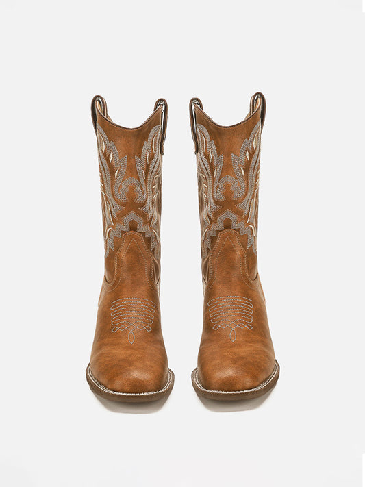 Brown Stitching Embroidered Butterfly Boots