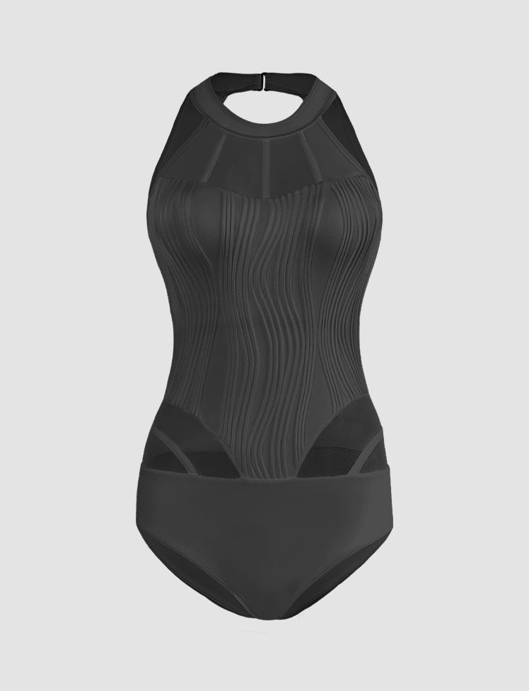 Mesh Paneled Solid One-piece Swimwear