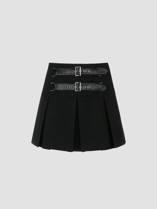 Leather Buckle Sexy Pleated Skirt