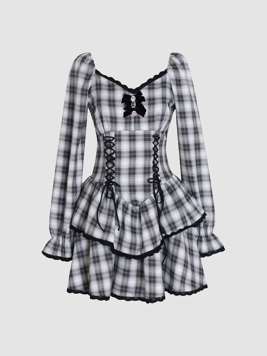 Black And White Plaid Diamond Cake Dress