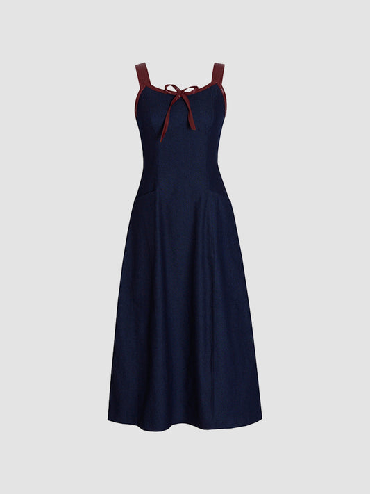 Retro Dark Blue Denim Strapped Midi Dress