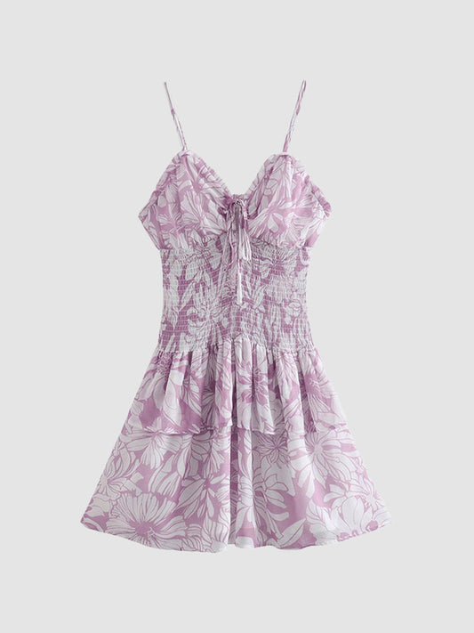 Retro Print Hollow Backless Halter Dress