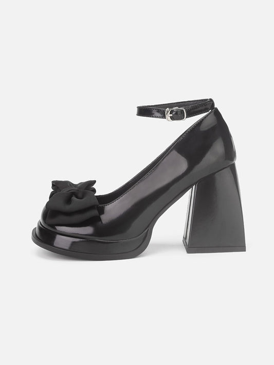Ankle Strap Bow Tie Chunky Heeled Platform Pumps