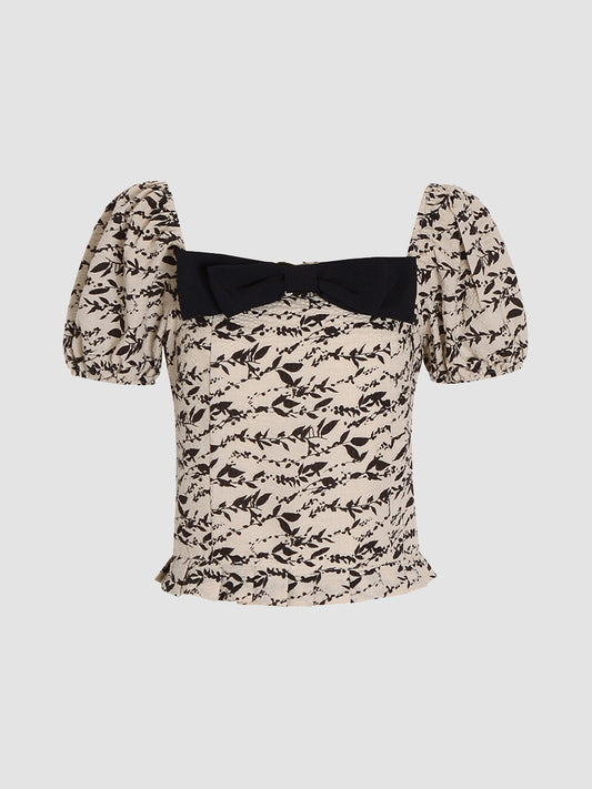 Premium Floral Square Neck Bow Short Sleeve Top