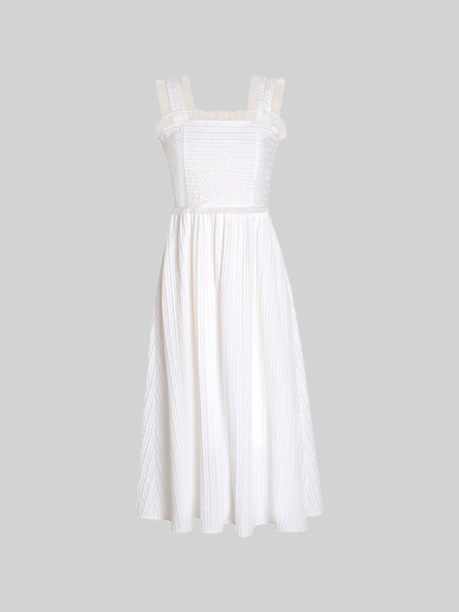 Retro White Straps Hollow Bow Midi Dress