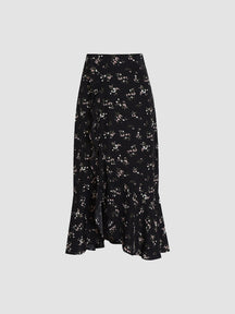 Irregular Black Floral Skirt