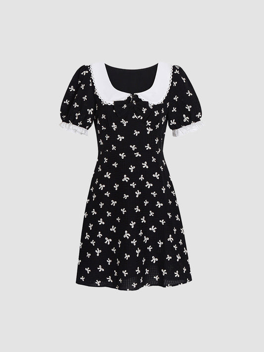 Retro Bow Print Doll Neck Dress