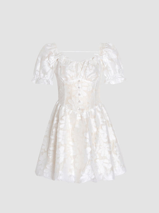 Lace Embroidered Floral Bubble Sleeve Prom Dress