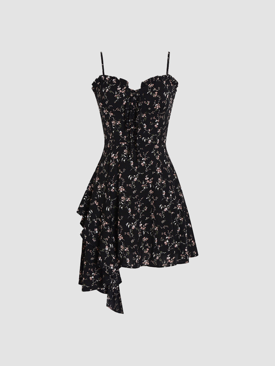 Strap Irregular Black Floral Dress