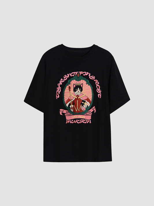Cat Embroidered Black T-shirt Top