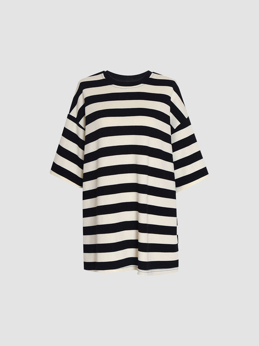 Knitted Black And White Striped Loose T-shirt Top